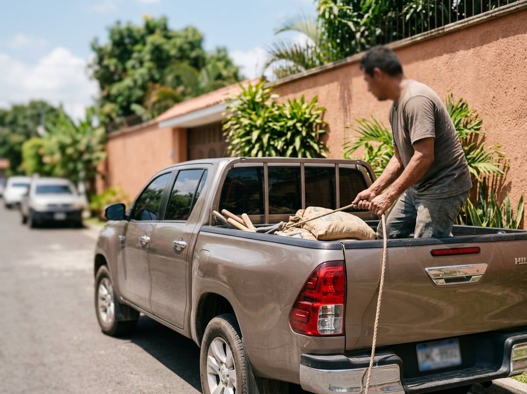 Toyota Hilux usada de doble cabina trabajando en una calle centroamericana, con polvo y carga en la palangana