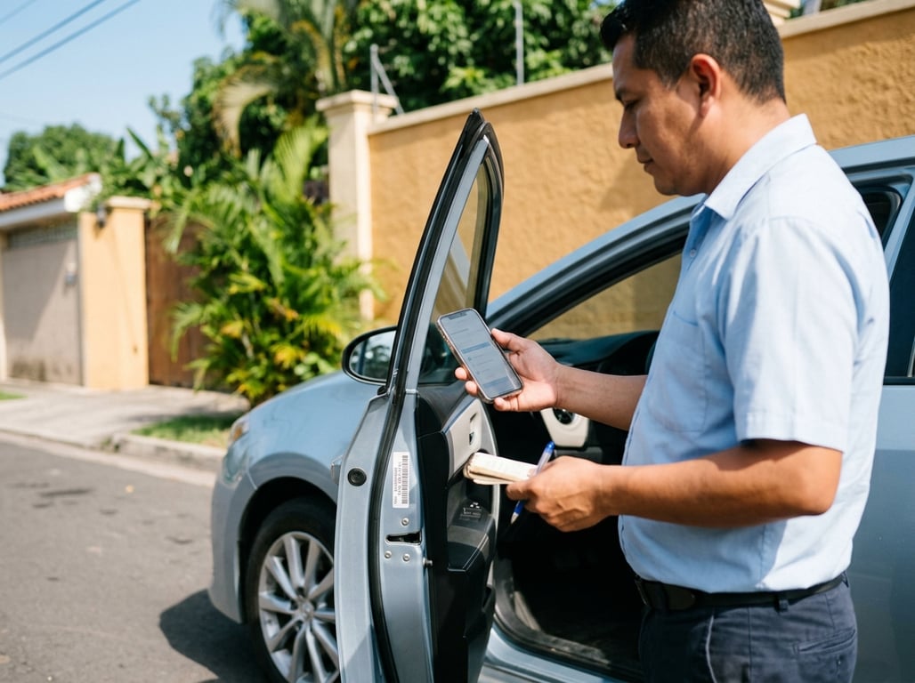 Comprador anotando el VIN de un carro usado importado mientras revisa el historial en el celular, junto a la puerta del conductor