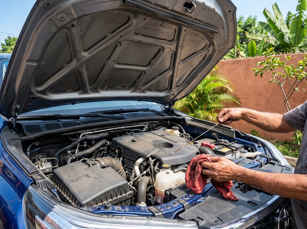 Mecánico revisando el motor de una Toyota Hilux usada con el capó abierto, en un taller centroamericano con luz de día