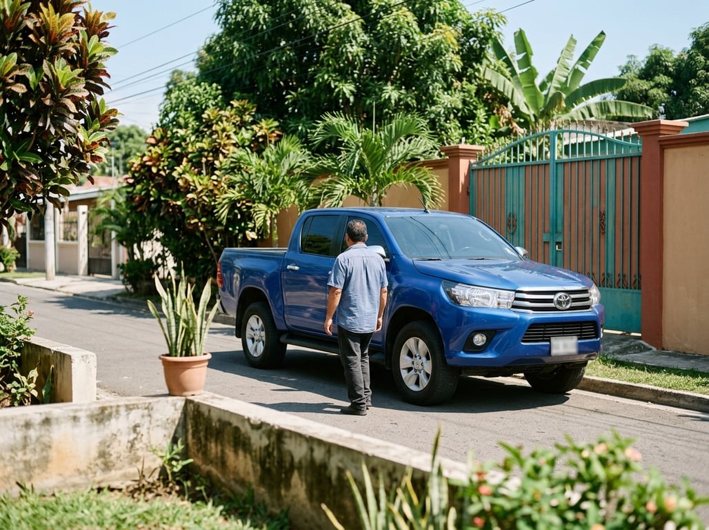 Toyota Hilux usada de doble cabina limpia y bien cuidada, estacionada en una calle centroamericana con luz de tarde