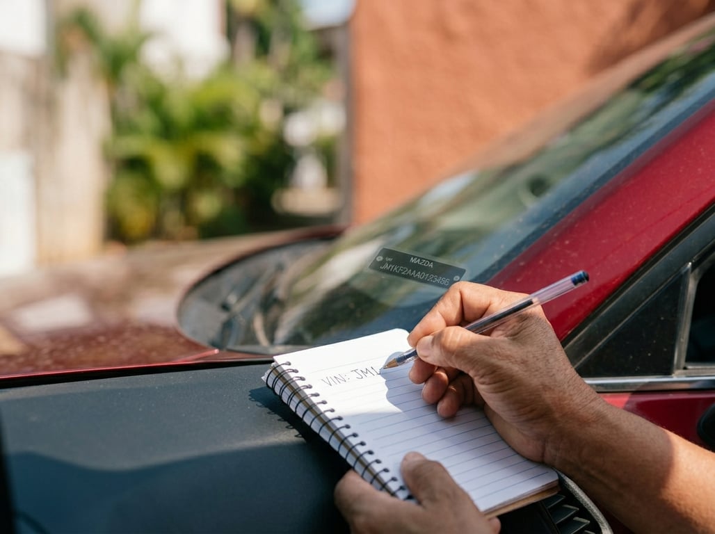 Comprador anotando el VIN del carro para consultarlo después en una laptop