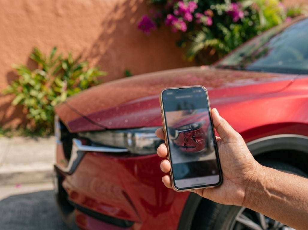 Comprador comparando en el celular las fotos de subasta de un carro contra el vehículo real frente a él