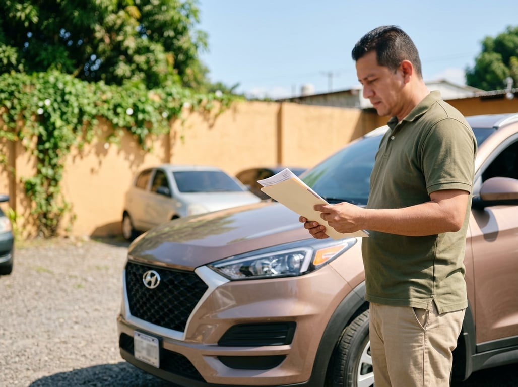 Comprador revisando los papeles de un carro usado en un predio antes de decidir la compra