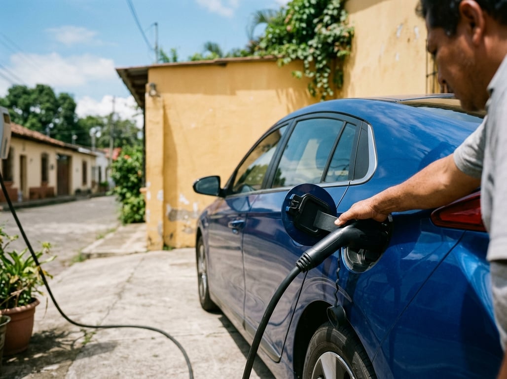 The charge port of a plug-in hybrid (PHEV) with the cable connected, the only kind of hybrid that does plug in.