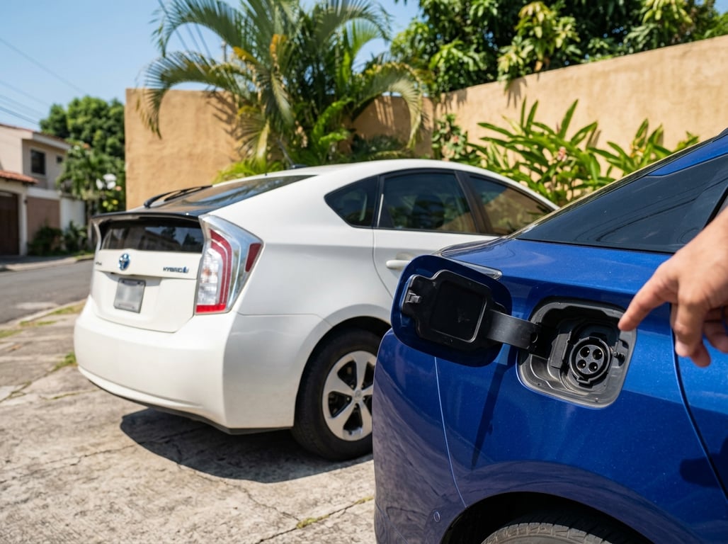 Comparative detail: the two flaps of a PHEV, one for fuel and one for the cable, next to the single fuel flap of a conventional hybrid.