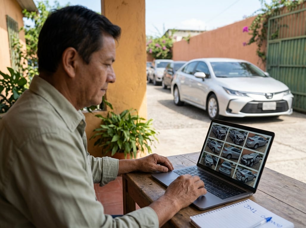 Comprador buscando el VIN de un carro importado en una laptop, con fotos de subasta del vehículo en la pantalla