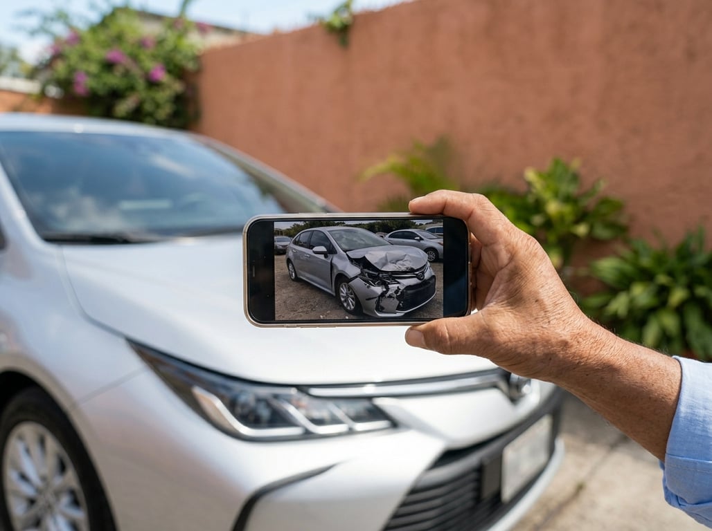 Persona comparando en el celular la foto de subasta de un frente accidentado contra la trompa ya pintada del mismo carro