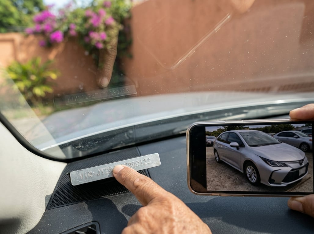 Mano cotejando la placa del VIN en la base del parabrisas contra el registro de la subasta abierto en el celular