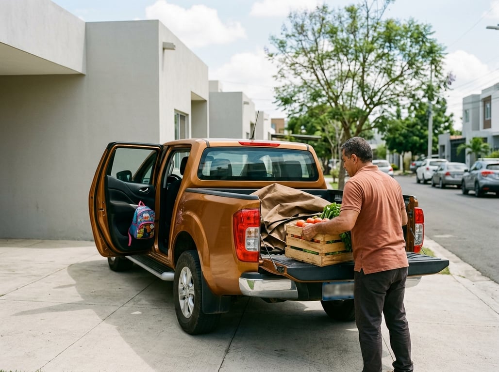 El dueño de una pickup doble cabina bronce carga una caja de mercado y una lona en la palangana, en la cochera de concreto de una casa moderna en San Salvador, un sábado por la mañana