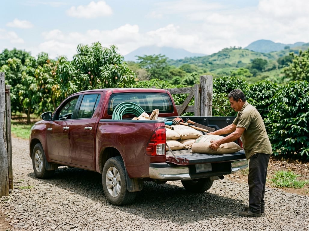 El dueño de una pickup doble cabina roja acomoda sacos y herramienta en la palangana, en la entrada de grava de una finca cafetalera, con cerros verdes y un volcán al fondo