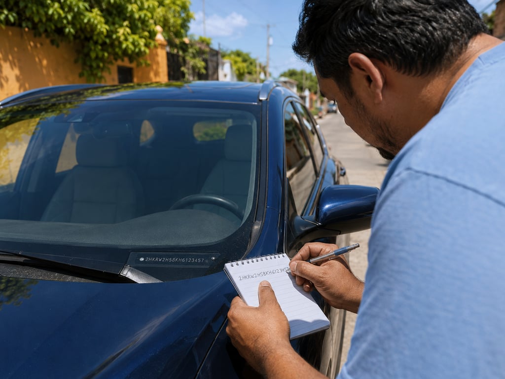 Comprador anotando en una libreta el VIN que lee en la base del parabrisas de un carro usado