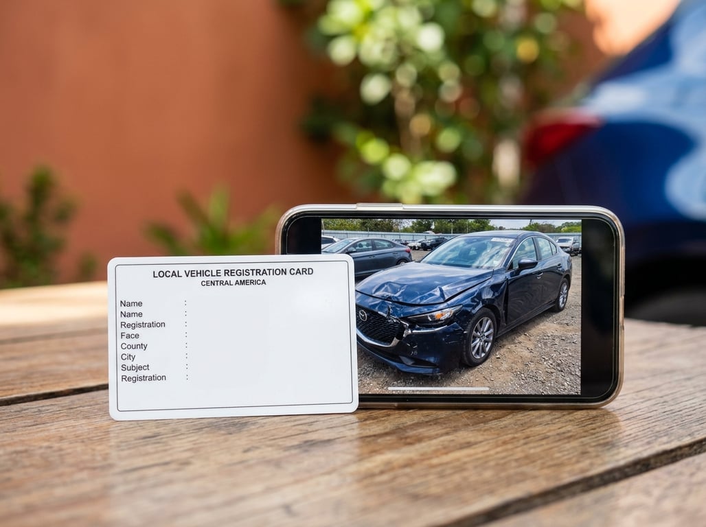 Tarjeta de circulación local de aspecto limpio sobre una mesa, junto a un celular que muestra la foto de subasta del mismo carro chocado