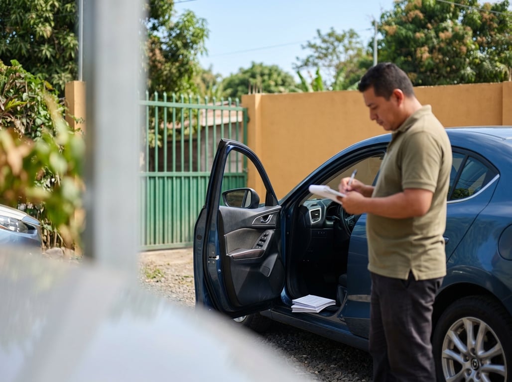 Comprador en un predio revisando los papeles de un carro importado mientras anota el VIN para consultarlo contra el historial de origen