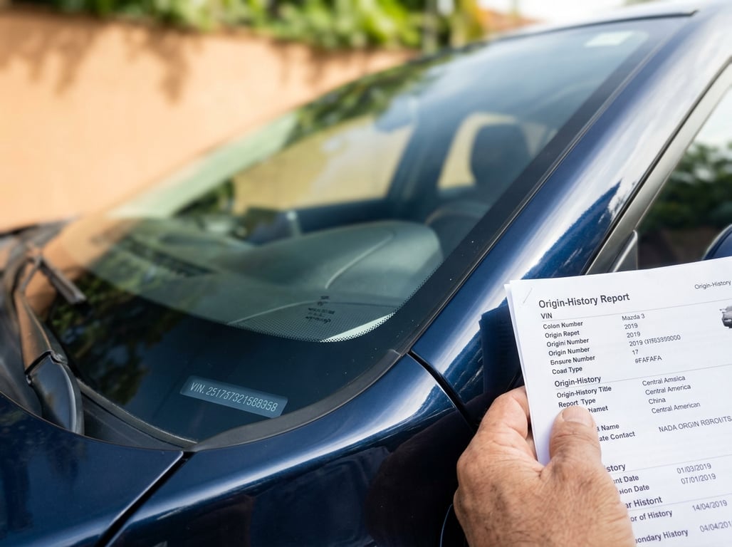 Manos sosteniendo un reporte impreso del historial de origen junto a la placa del VIN en la base del parabrisas del carro para confirmar que coinciden