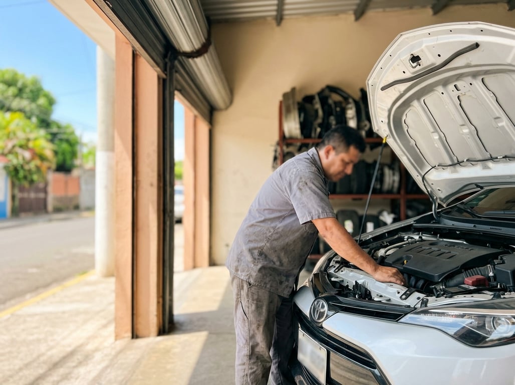 Un mecánico revisa el motor de un Toyota Corolla en un taller de barrio: repuestos baratos y trabajo fácil, la razón de que retenga valor.