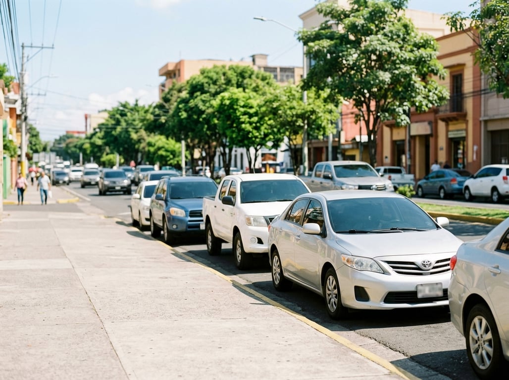 Una avenida de San Salvador con varios Toyota entre el tráfico y en la acera: sencillamente lo que más se maneja en el país.