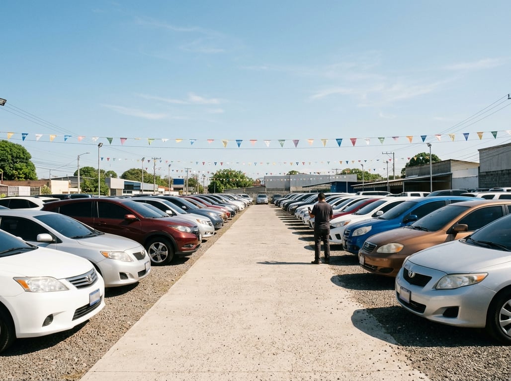 Dos filas de carros usados de un predio centroamericano que se alejan en perspectiva bajo el sol, con un comprador pequeño en medio comparando la oferta desde su teléfono