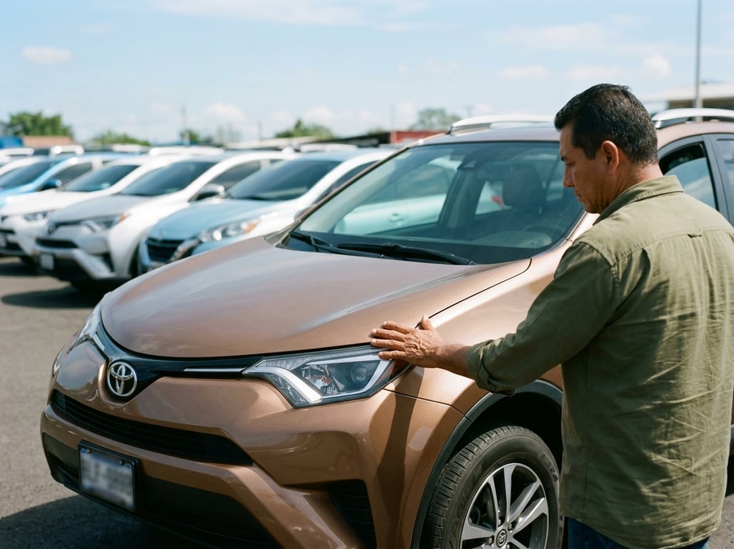 Comprador junto a una SUV usada de varios años, bien cuidada, al frente de la fila, con los carros más nuevos desenfocados detrás: el punto dulce pasada la caída fuerte de la depreciación