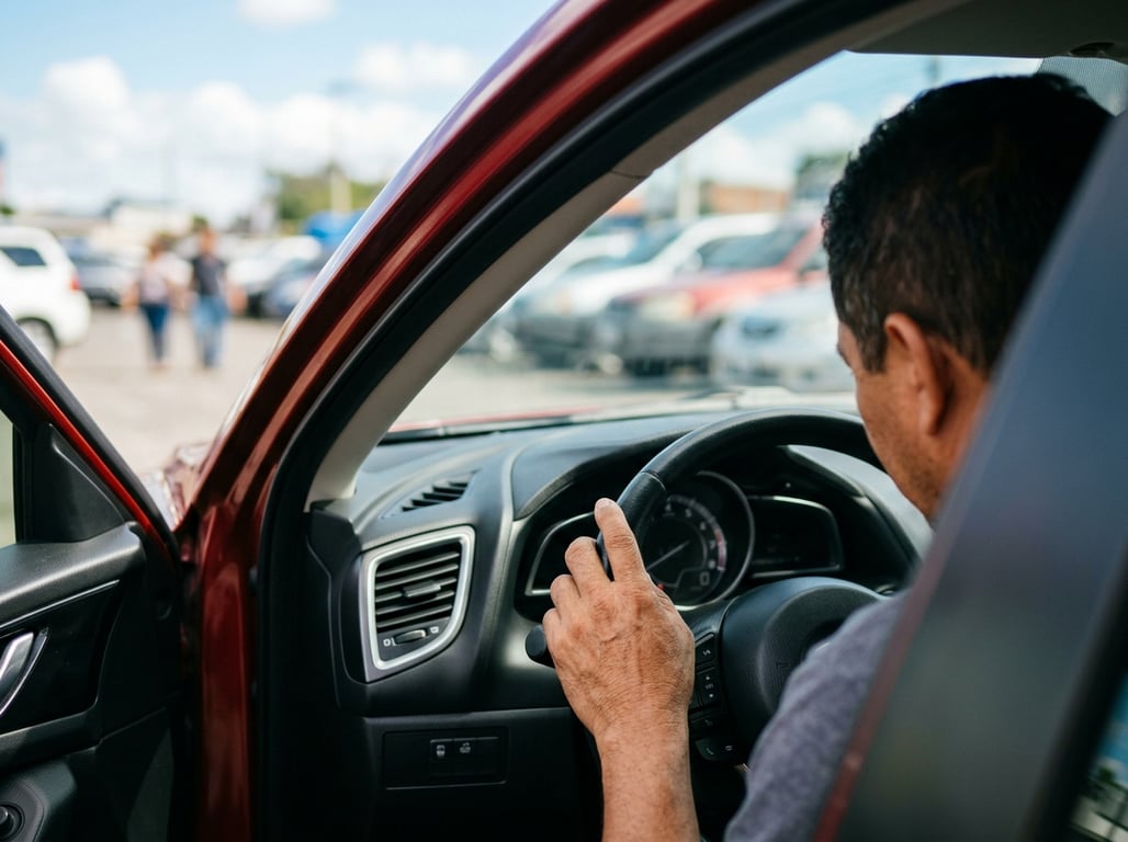 Comprador leyendo el odómetro por la puerta abierta de un carro usado, revisando el kilometraje que hay detrás del precio