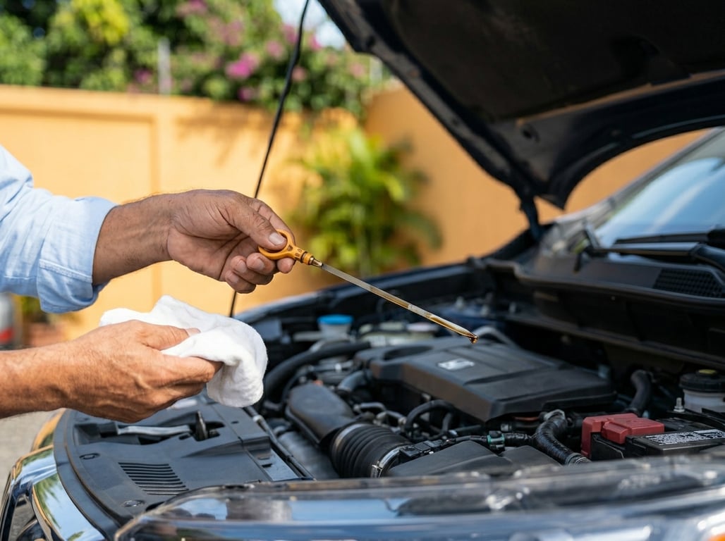 Persona revisando la varilla de nivel de aceite en el motor de una Honda CR-V usada con el capó abierto, a la luz del día