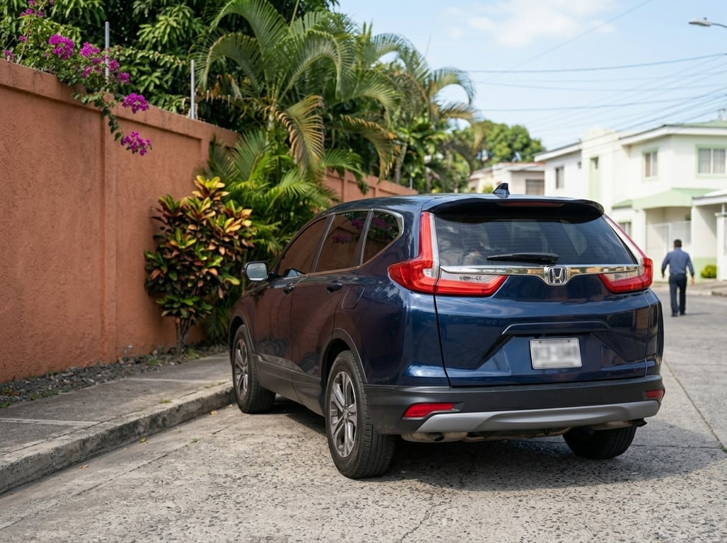 Honda CR-V usada azul limpia y bien cuidada estacionada en una calle centroamericana con luz de tarde