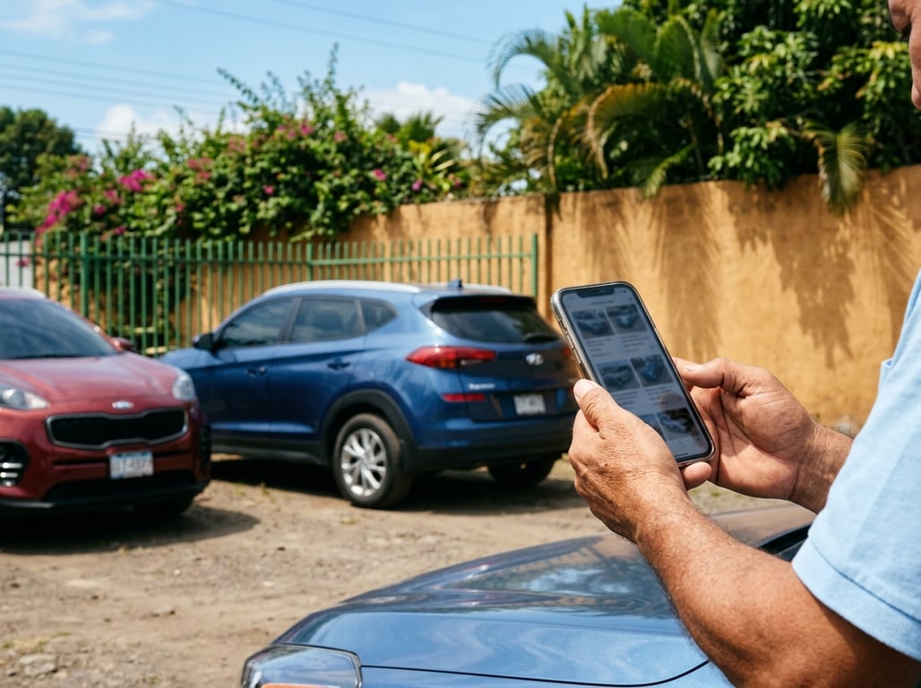 Comprador comparando precios de un Hyundai y un Kia usados en el teléfono, parado frente a una fila de carros en un predio centroamericano con luz de día