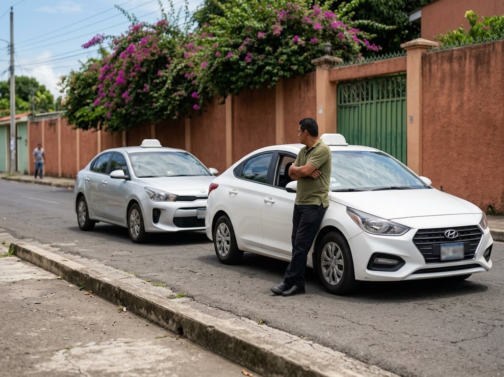 Hyundai Accent y Kia Rio usados como taxi en una calle de colonia centroamericana, a plena luz del día
