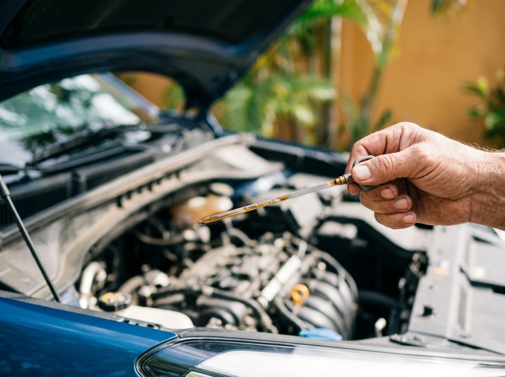 Mano revisando la varilla del aceite en el motor de una Hyundai Tucson usada, comprobando el estado del motor antes de comprar