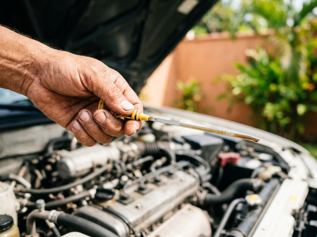 Persona revisando la varilla de nivel de aceite en el motor de un Toyota Corolla usado con el capó abierto, a la luz del día