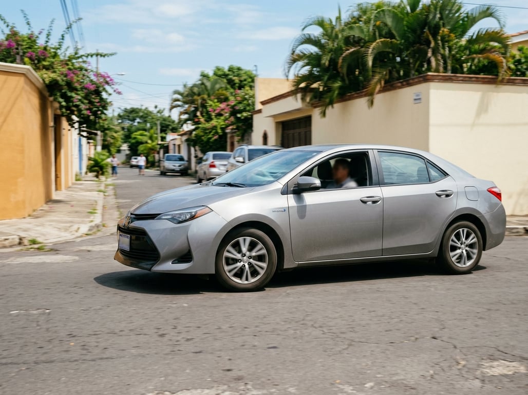 Carro híbrido usado avanzando despacio y en silencio por una calle residencial tranquila, con leve desenfoque de movimiento en las ruedas