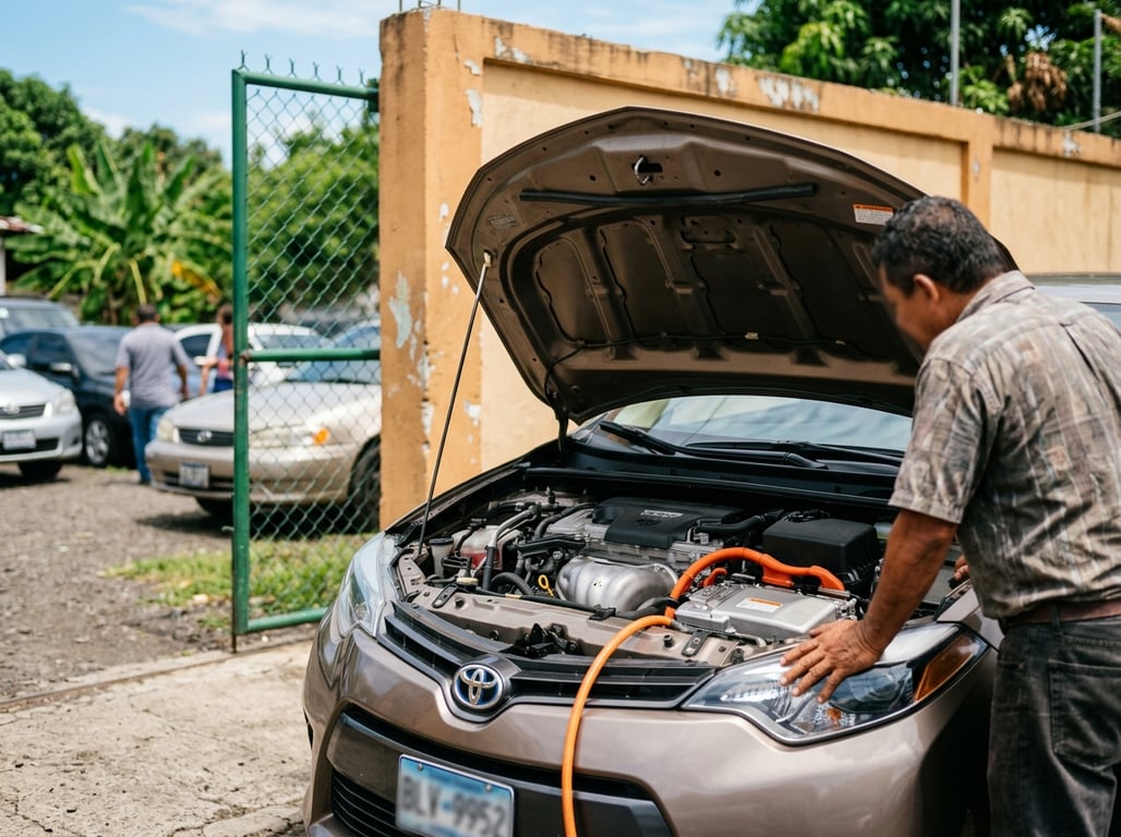 Comprador en un predio mirando el vano del motor de un híbrido usado, con el motor de gasolina y el motor eléctrico de cable naranja a la vista