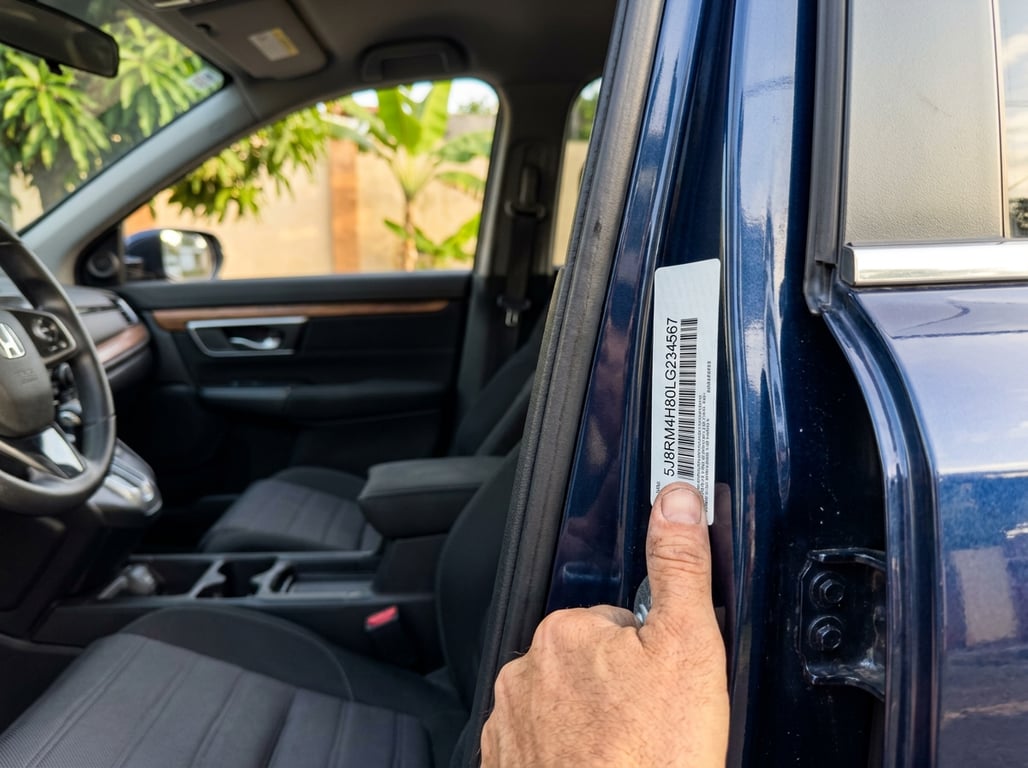 Pulgar señalando el sticker del VIN con código de barras en el pilar de la puerta del conductor