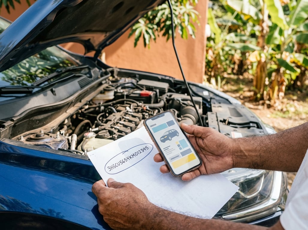 Comprador revisando el historial del carro en el celular, con el VIN anotado y encerrado en un papel, junto al motor